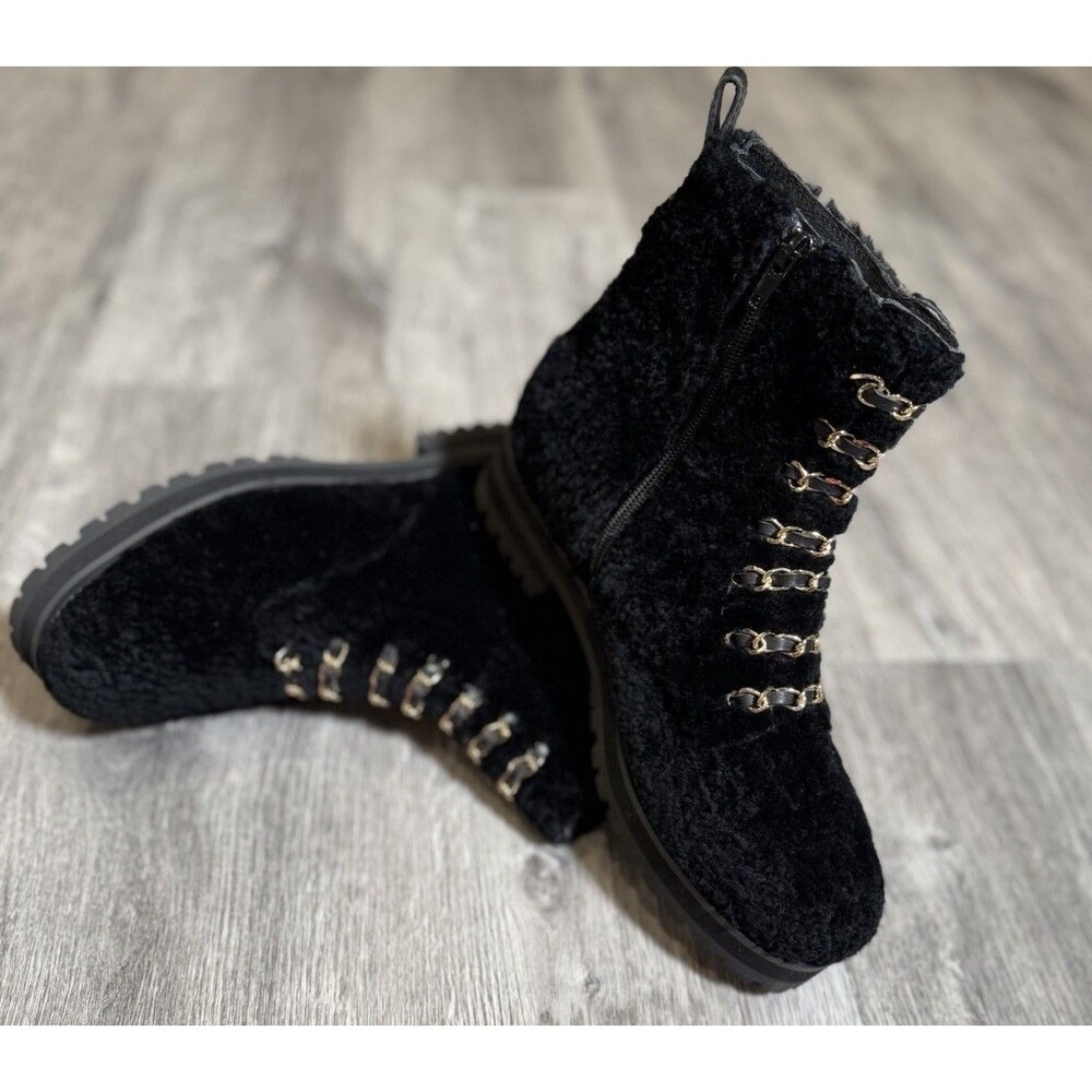 Cecelia New York Chance black shearling fur winter chic combat Boot women‎ US 7M